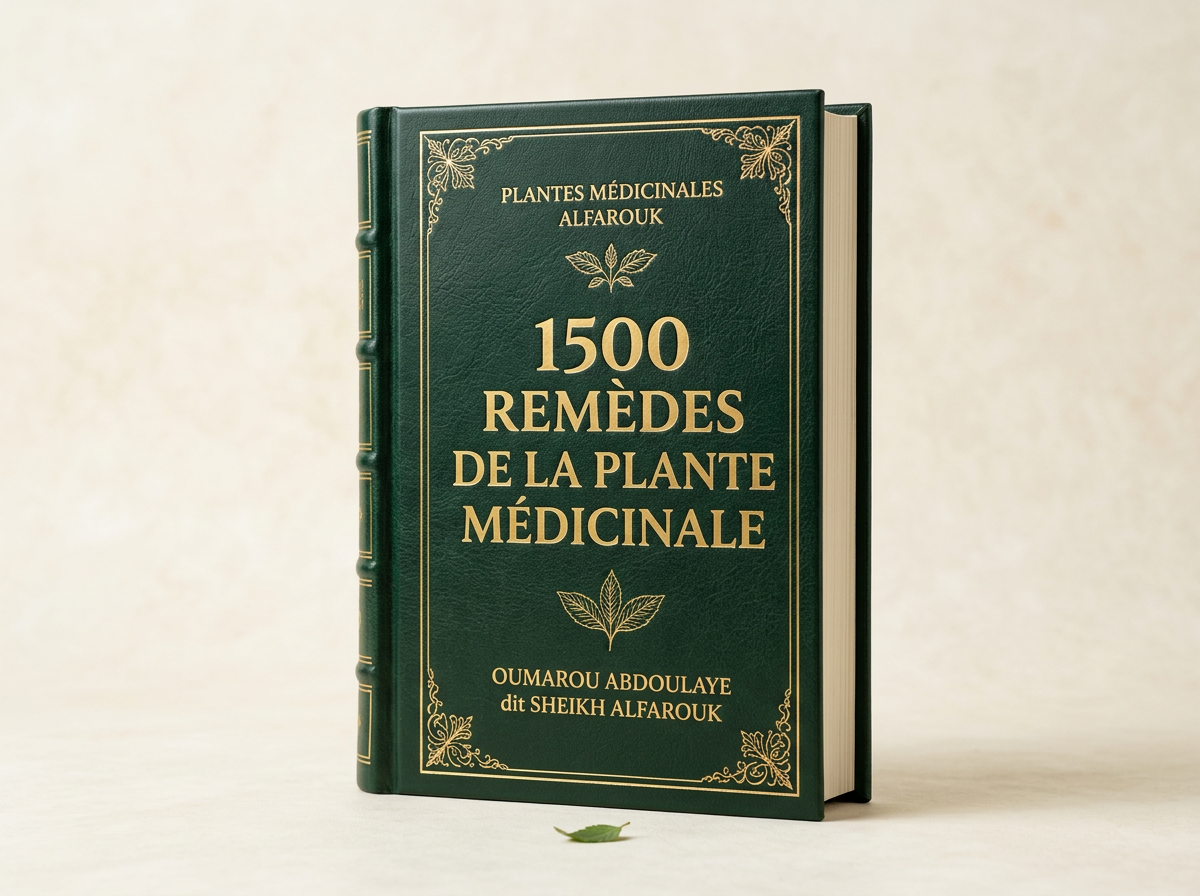 1500 remèdes de la plante médicinale — livre relié vert forêt, titre et ornements botaniques dorés