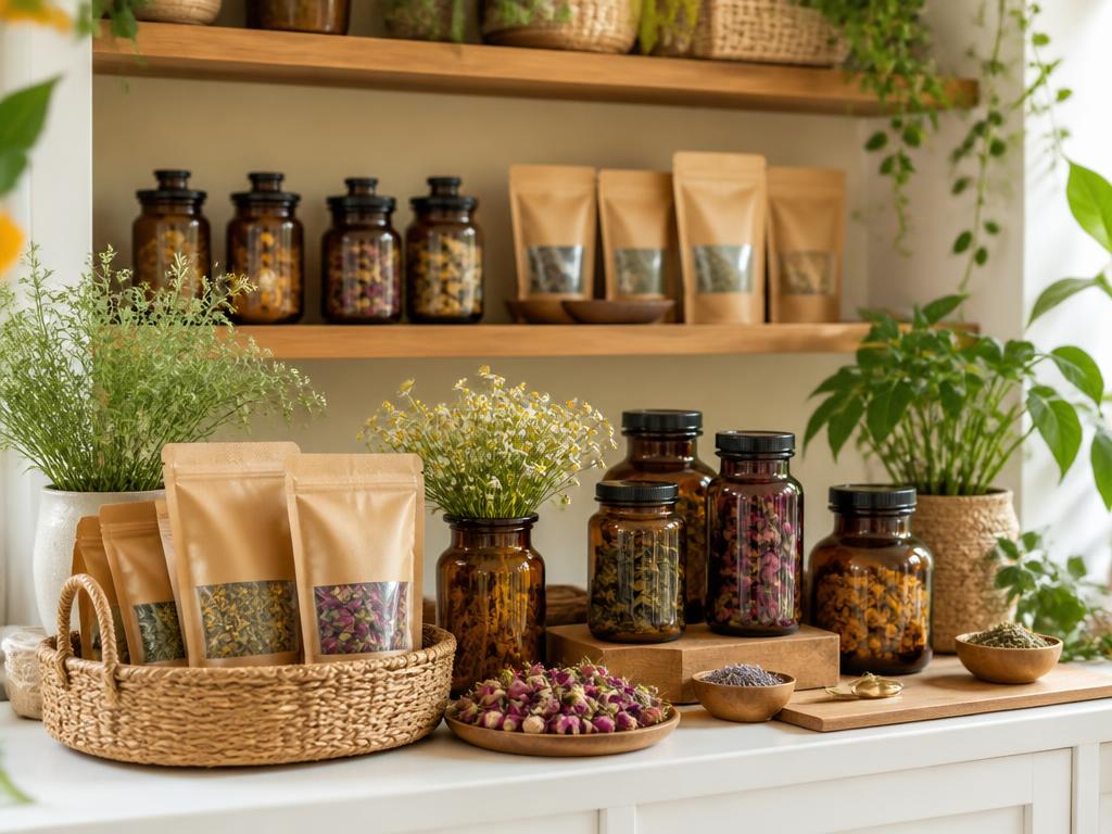 Produits naturels, plantes conditionnées et paniers en osier